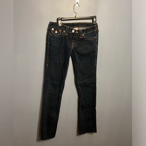 True Religion Women's Dark Wash Jeans SZ 28 Straight Frayed Leg Flap Pocket Y2K‎